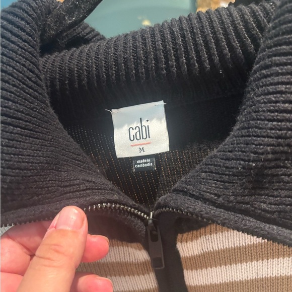 Cabi Mascot Zip Cardigan Brown & White Stripes with Black Trim & Collar - Picture 4 of 5